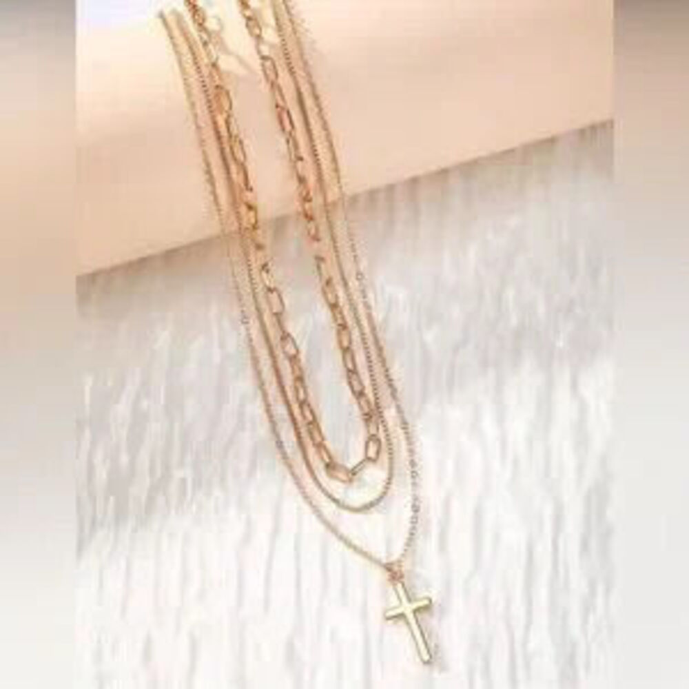 Gold 3pc Cross Pendant Layered Necklace Set - Picture 2 of 3
